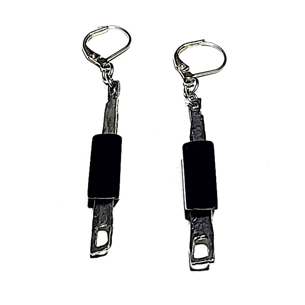 Black zipper pull pewter artisan earrings
